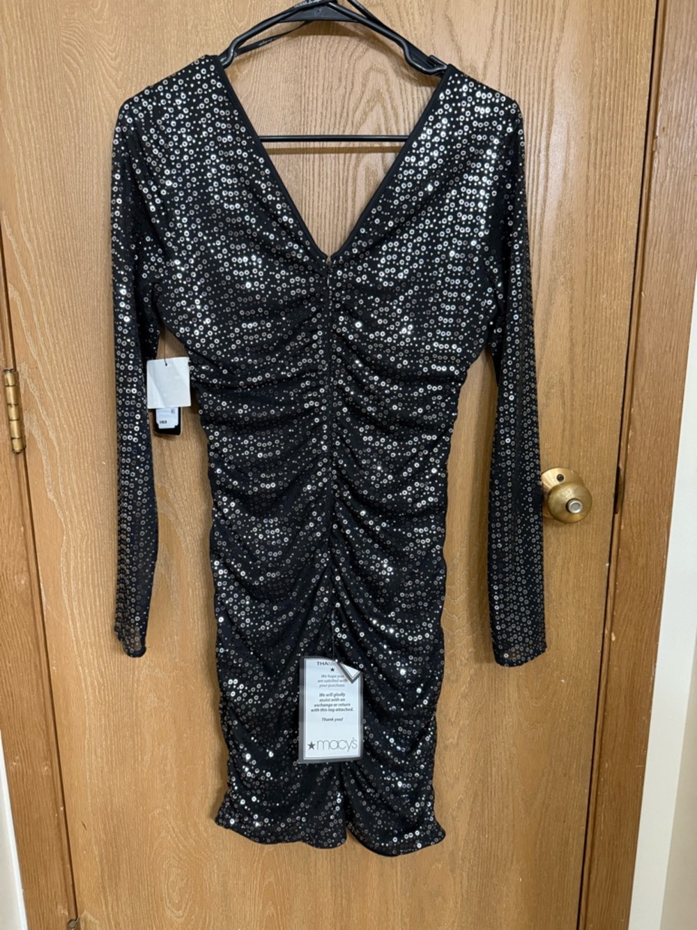 Guess Black Sequin Ruched V-Neck Long Sleeve Dress